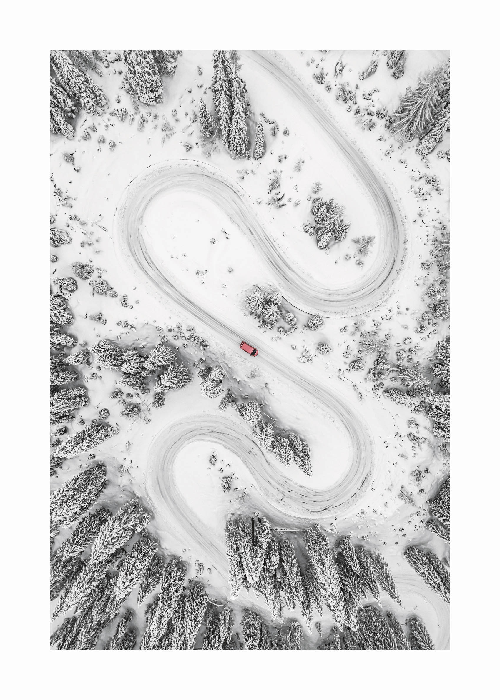 Snowy Serpentine Road Poster - Forest photography (50x70 cm)