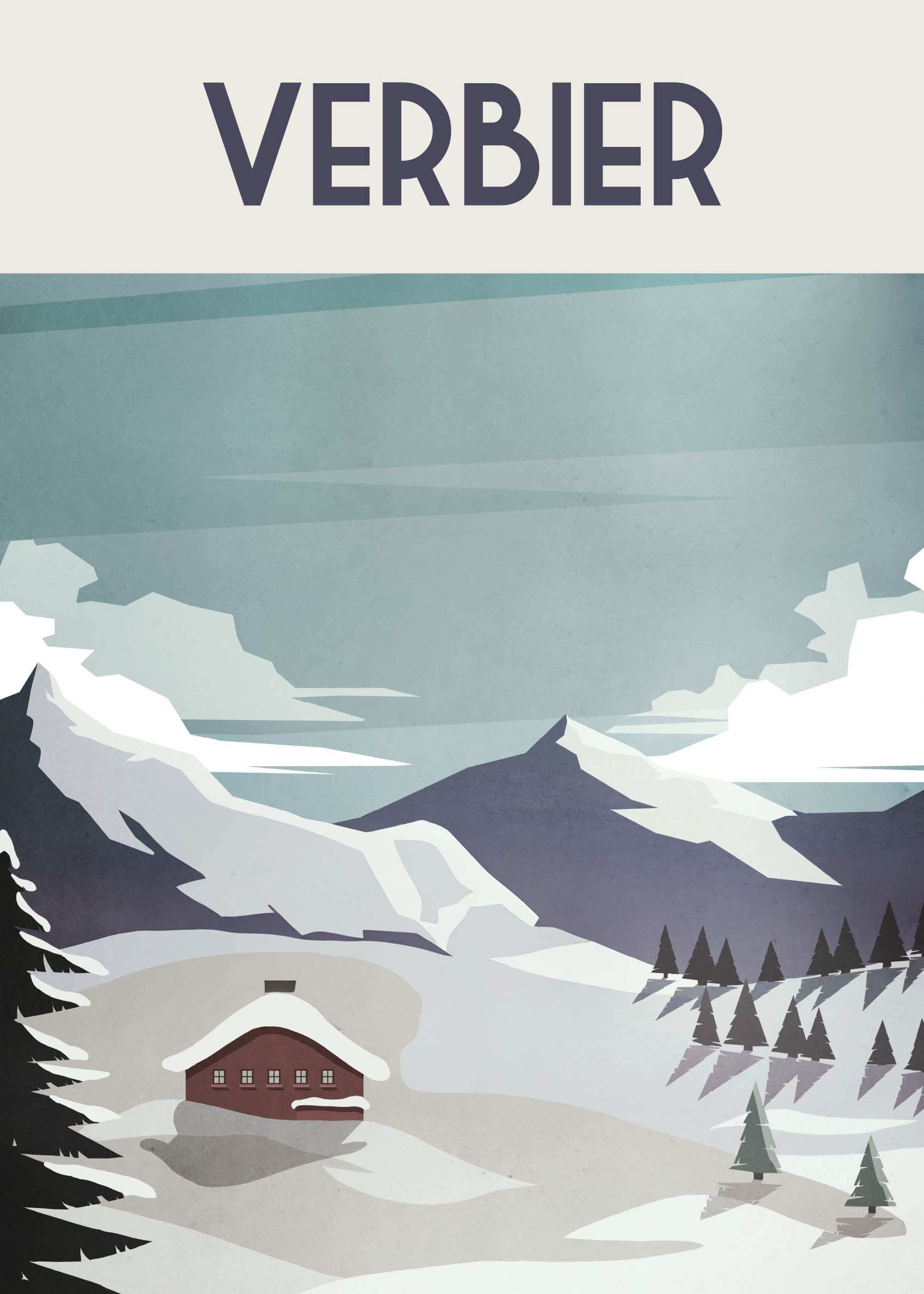 Verbier Poster - Mountain landscape illustration (30x40 cm)