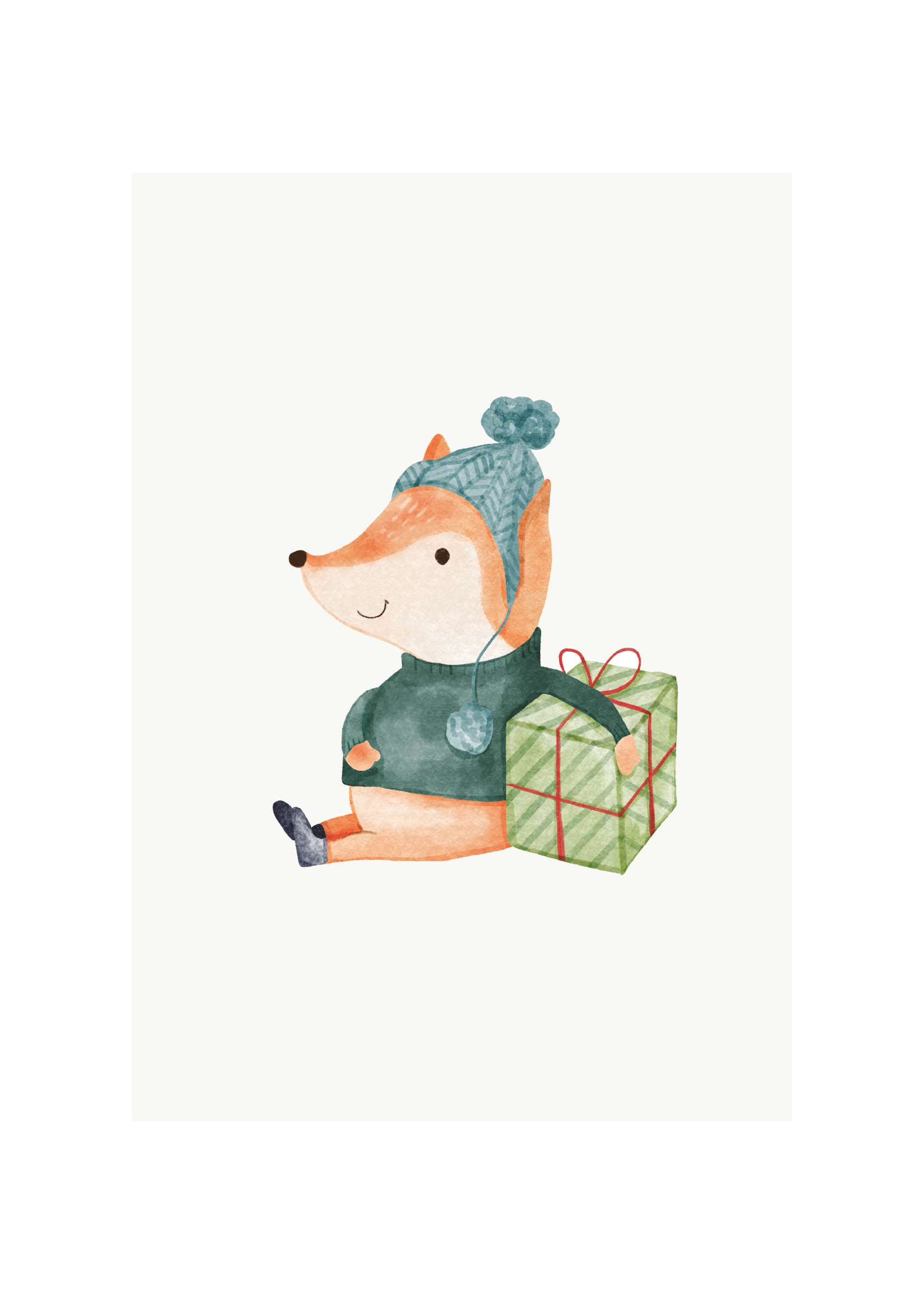 Fox with Christmas Gift Poster - Tierillustration (21x30 cm)