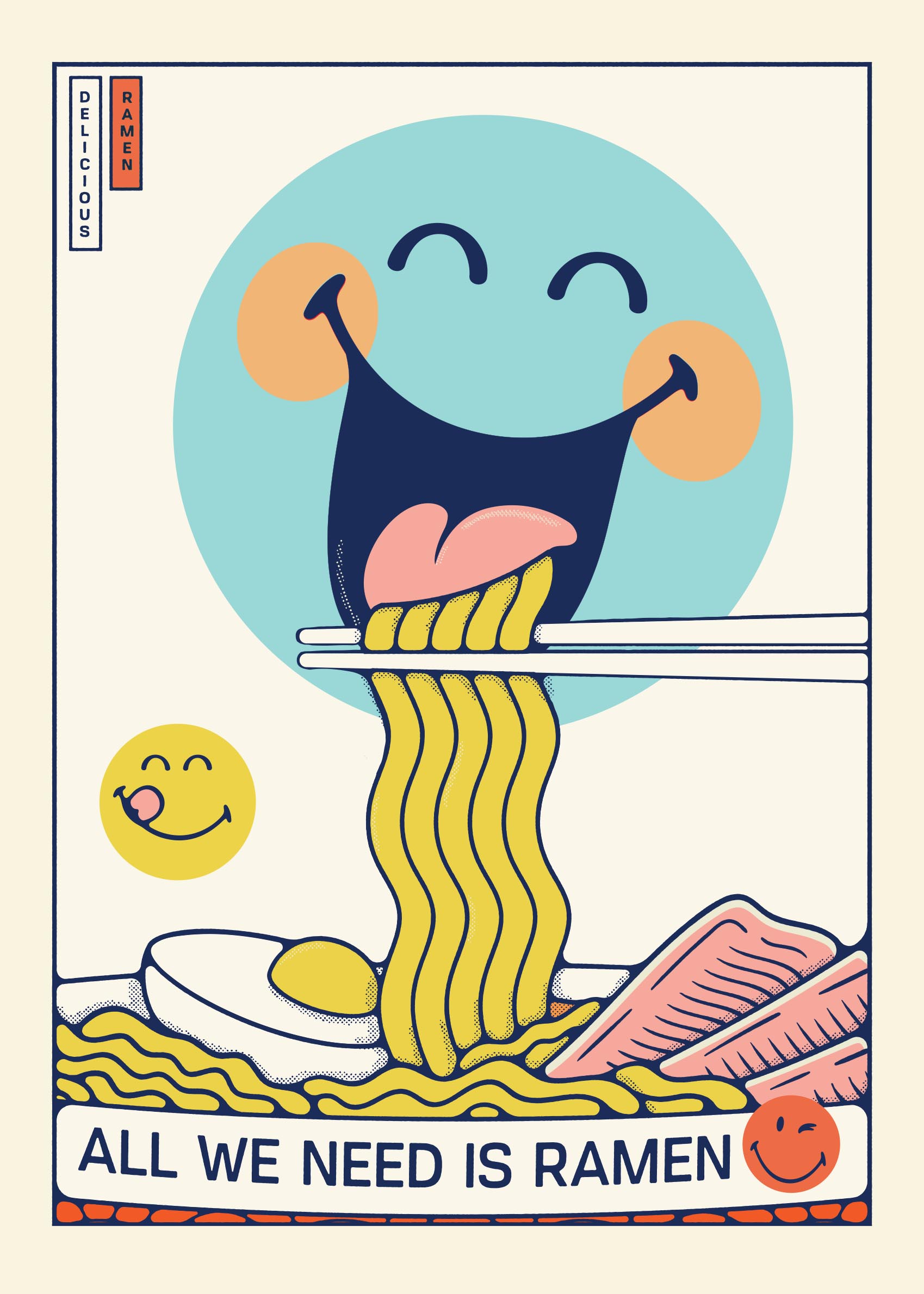 Smiley Ramen Noodles Poster - Food illustration (21x30 cm)