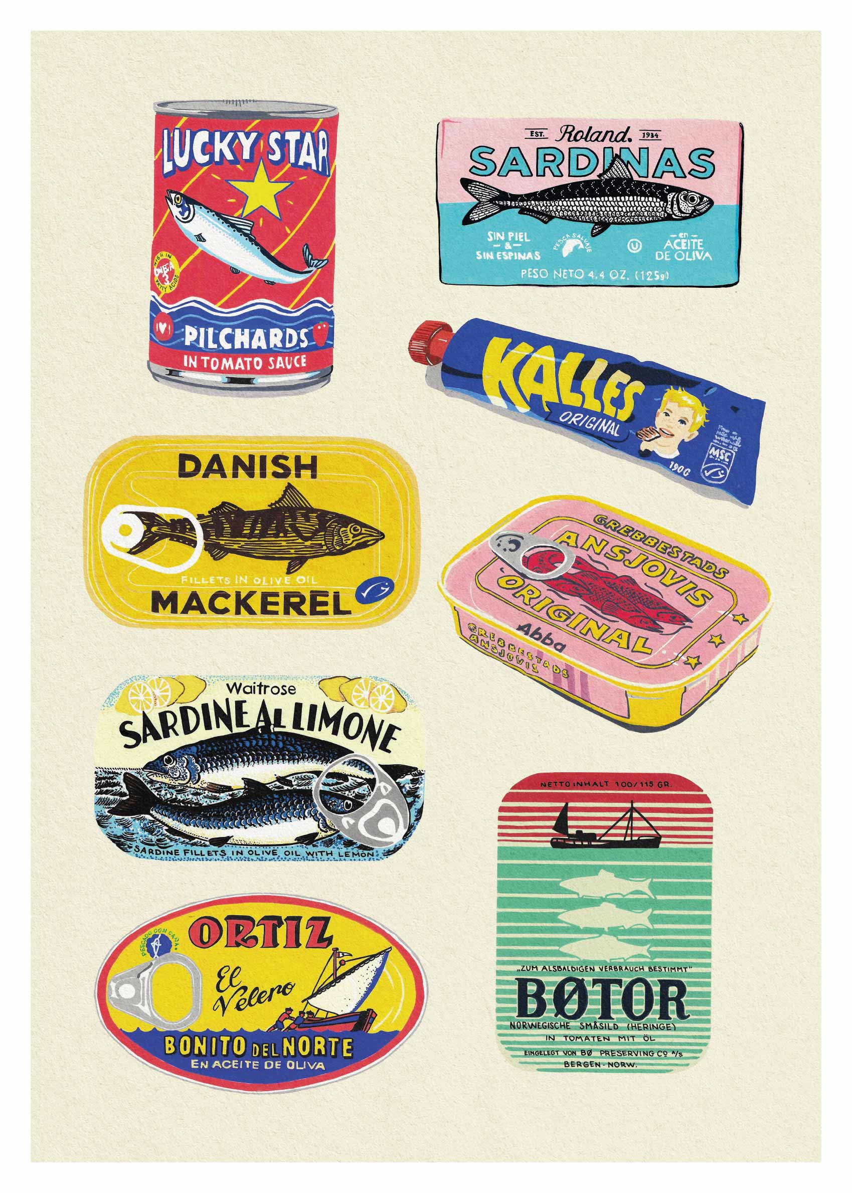 Vintage Seafood Cans Poster - Food-Illustration im Vintage-Stil (50x70 cm)