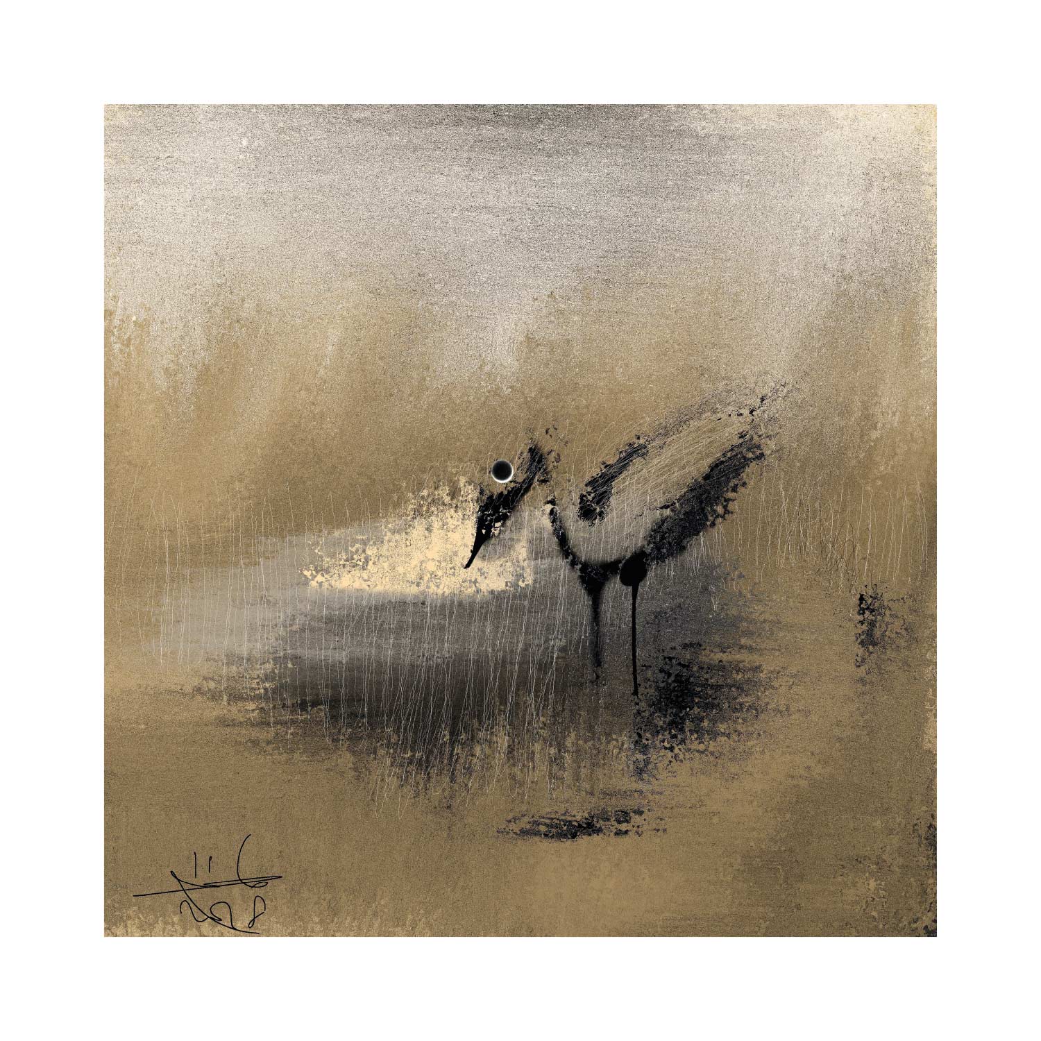 Marsh Song Poster - Gouache crane in mist (50x50 cm)