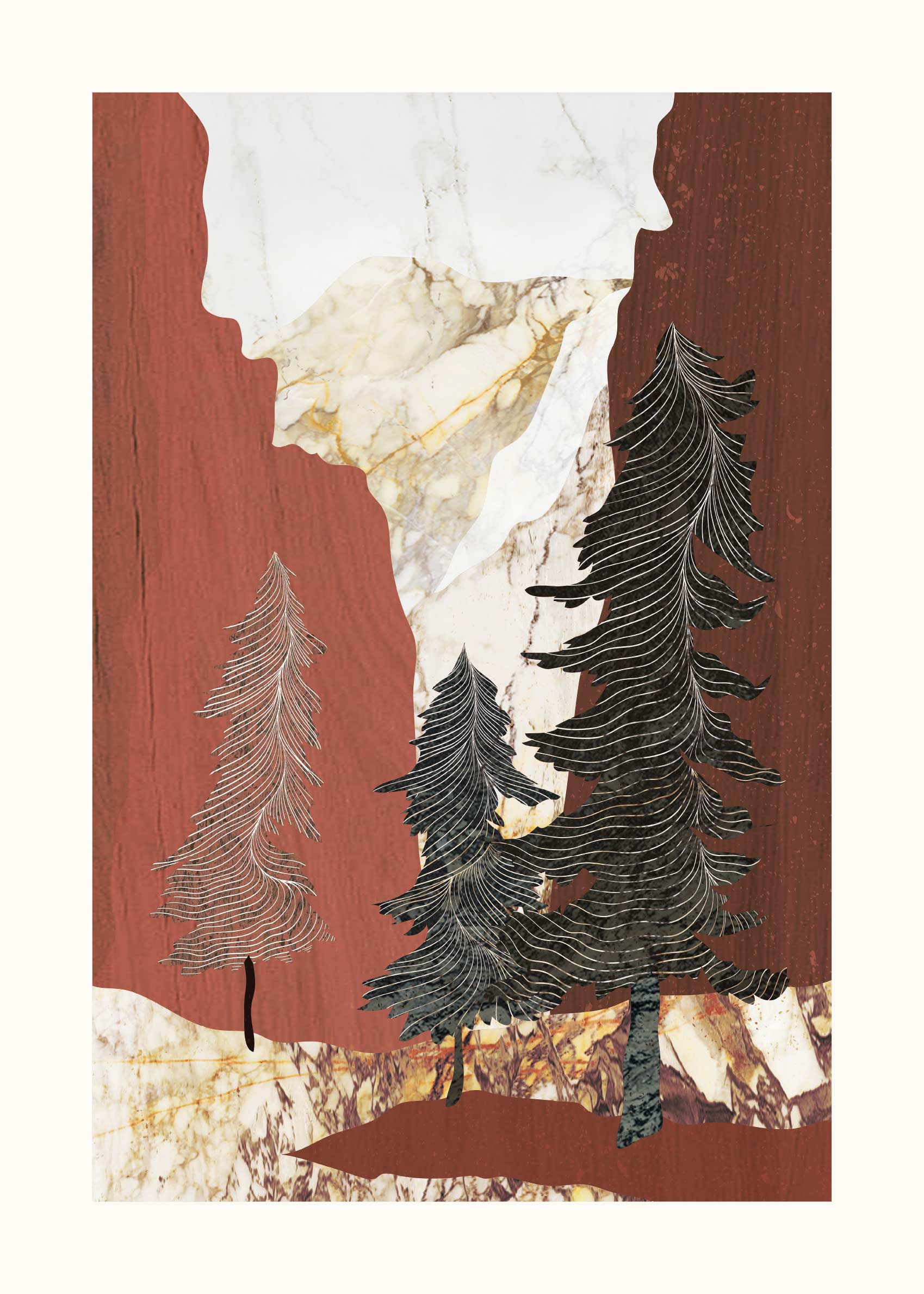 Ember Pines Poster - Graphic forest collage (50x70 cm)