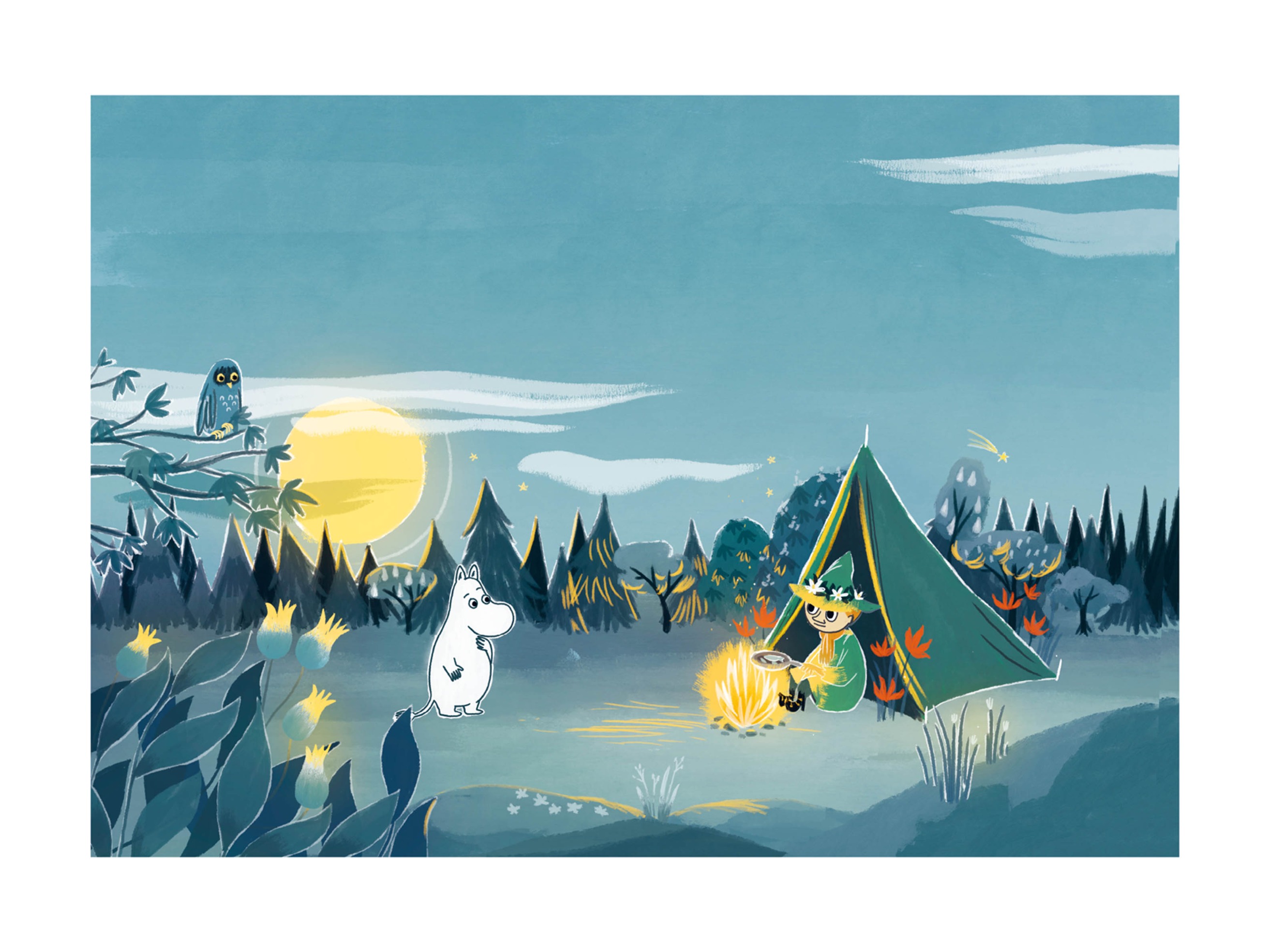 Moomin Nighttime Campfire Poster - Forest illustration (21x30 cm)