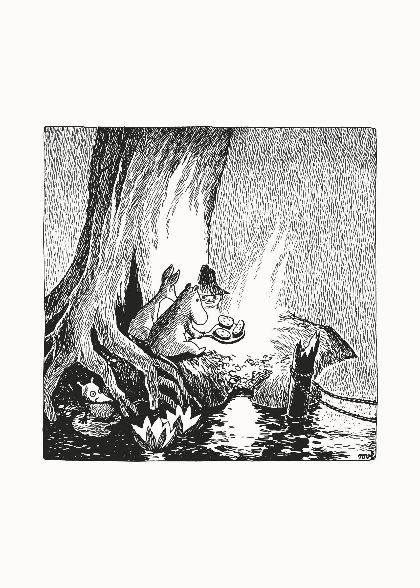 Moomin Campfire Pancakes Poster - Black and white animal illustration (21x30 cm)