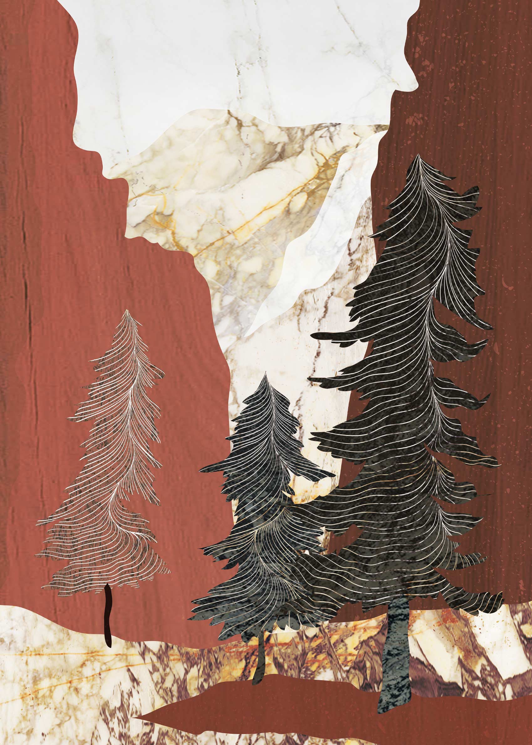 Ember Pines Canvas - Graphic forest collage (30x40 cm)
