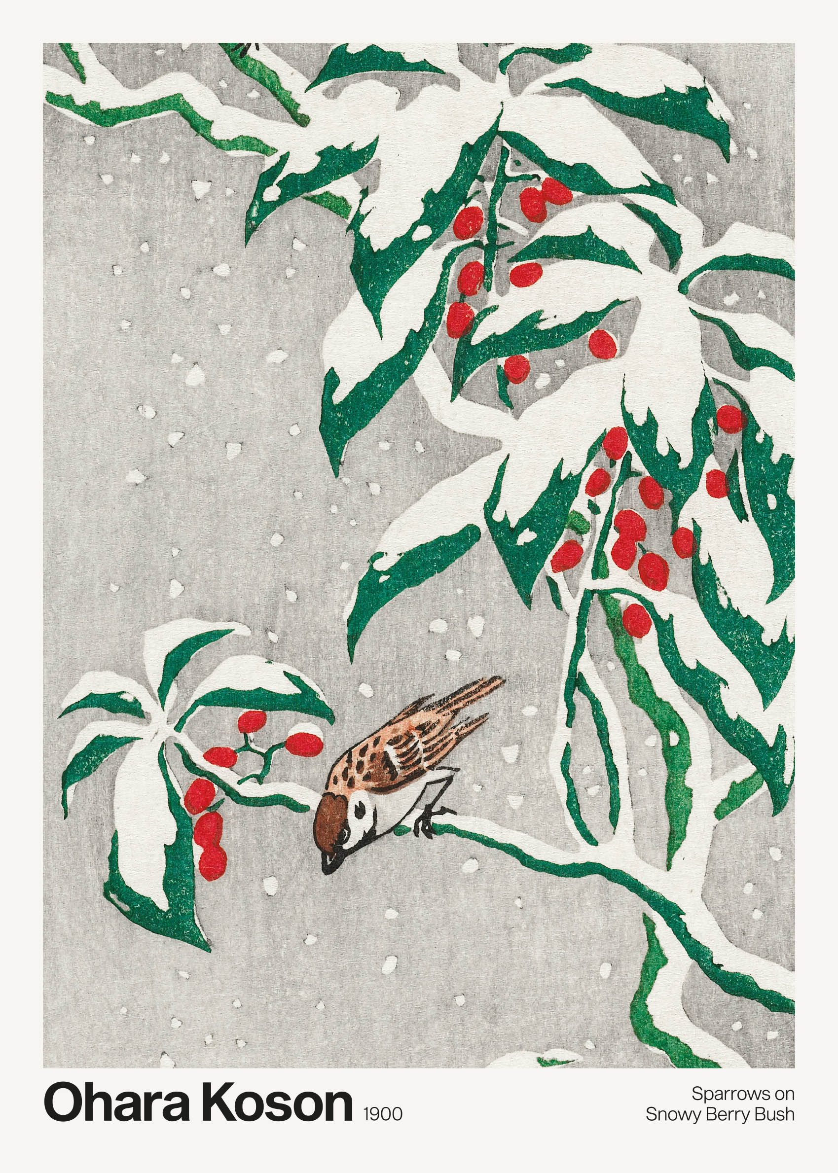 Sparrows on Snowy Berry Busch by Ohara Koson Canvas - Animal illustration (50x70 cm)