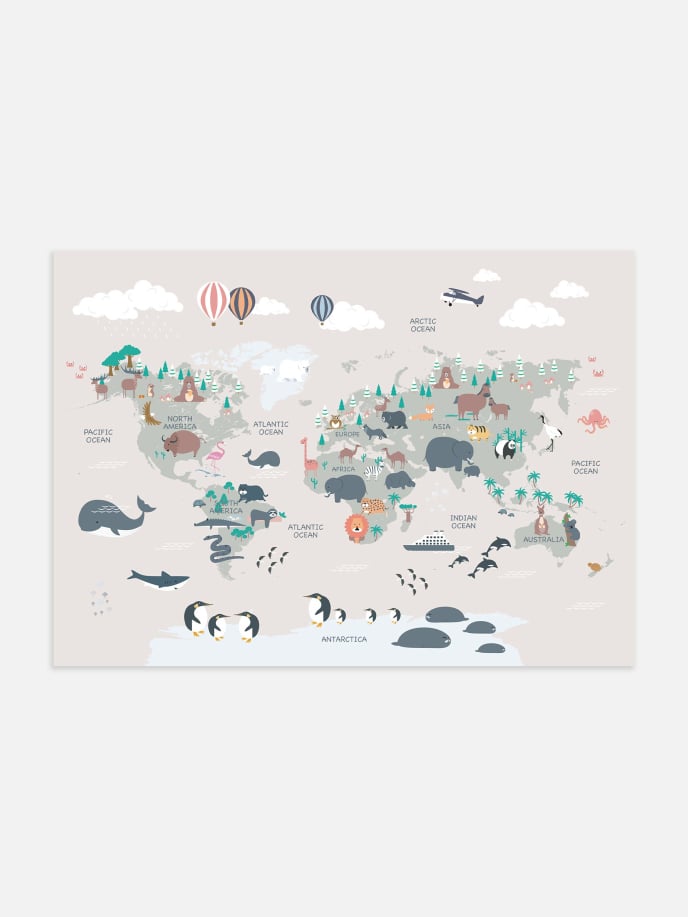 Animal World Map Beige Juliste